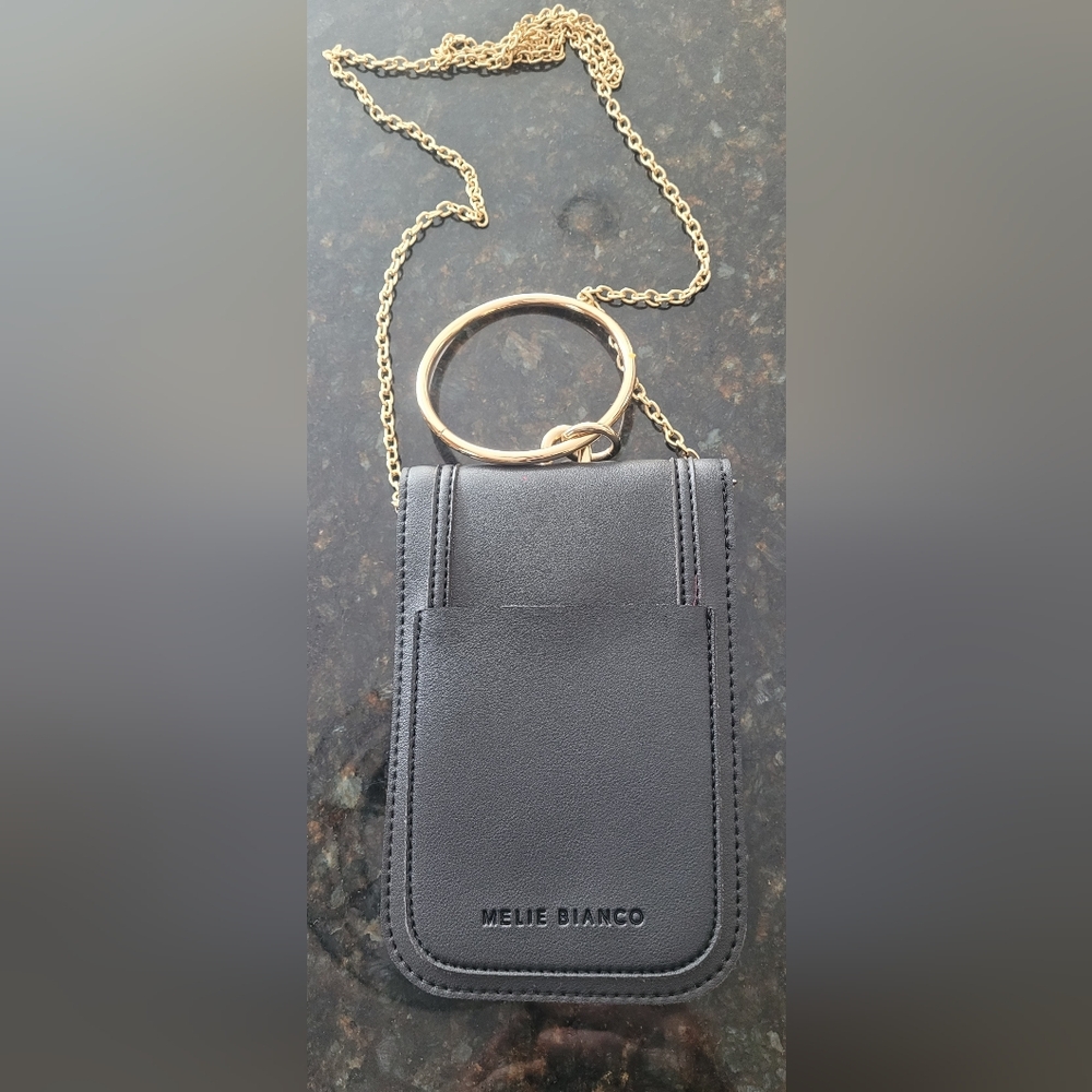 Melie Bianco Black Crossbody With Goldtone Chain with Goldtone Wrist Ring. NWOT